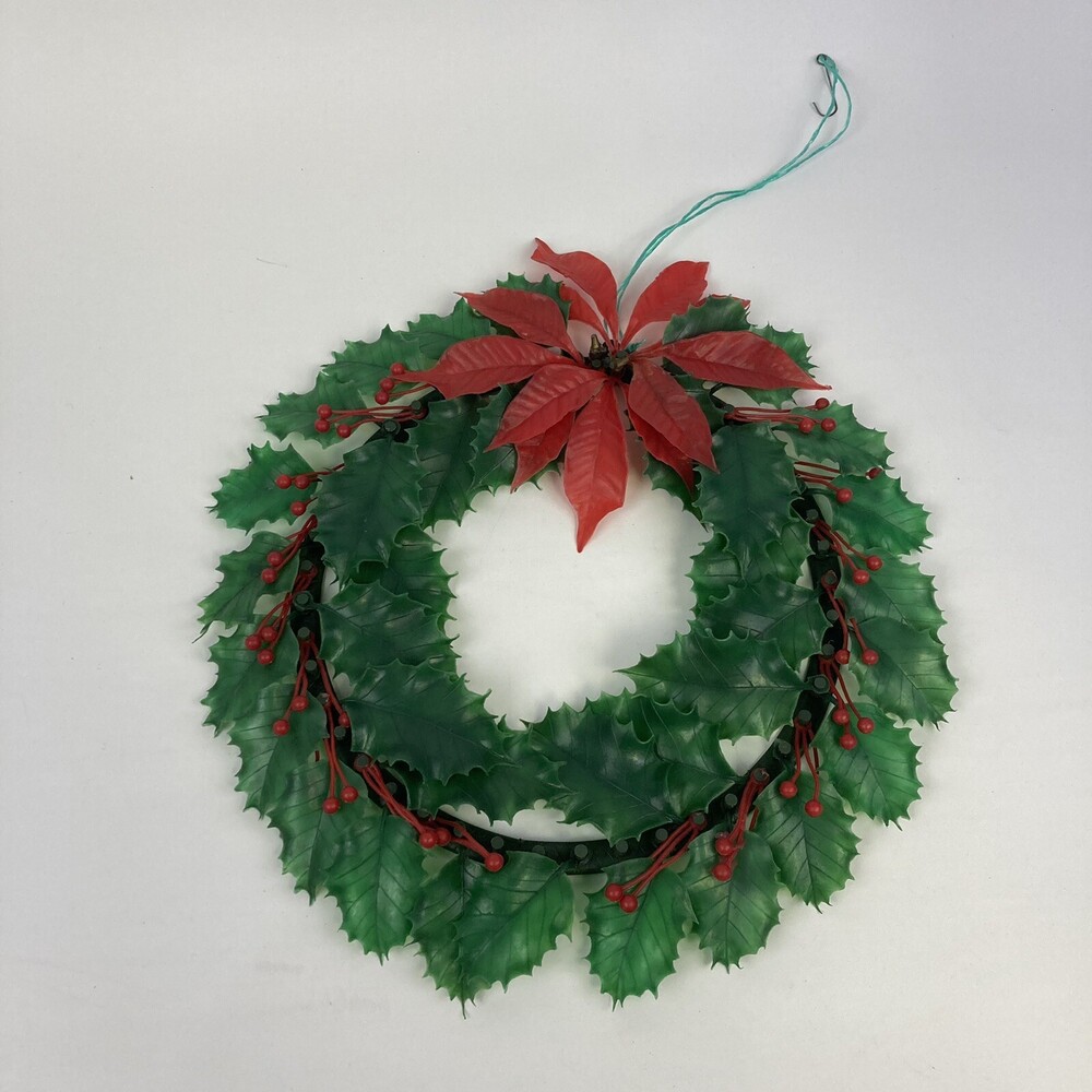 VTG XMAS 15" Wreath Candle Ring Plastic Greenery Poinsettia Holly Leaves Kitschy